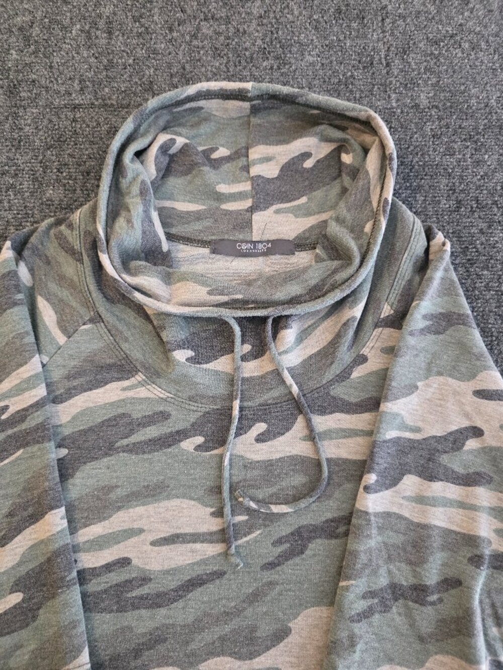 COIN 1804 Camo French Terry Cowl Neck Ruched Top M